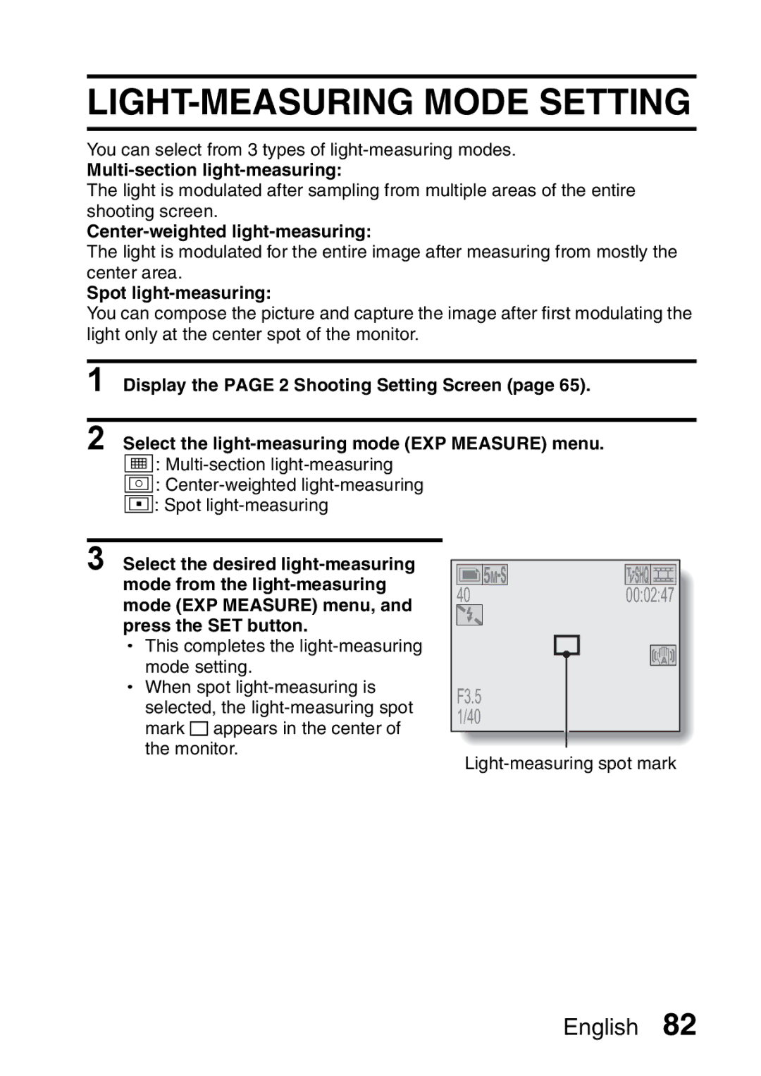 Sanyo VPC-HD1A LIGHT-MEASURING Mode Setting, Multi-section light-measuring, Center-weighted light-measuring 