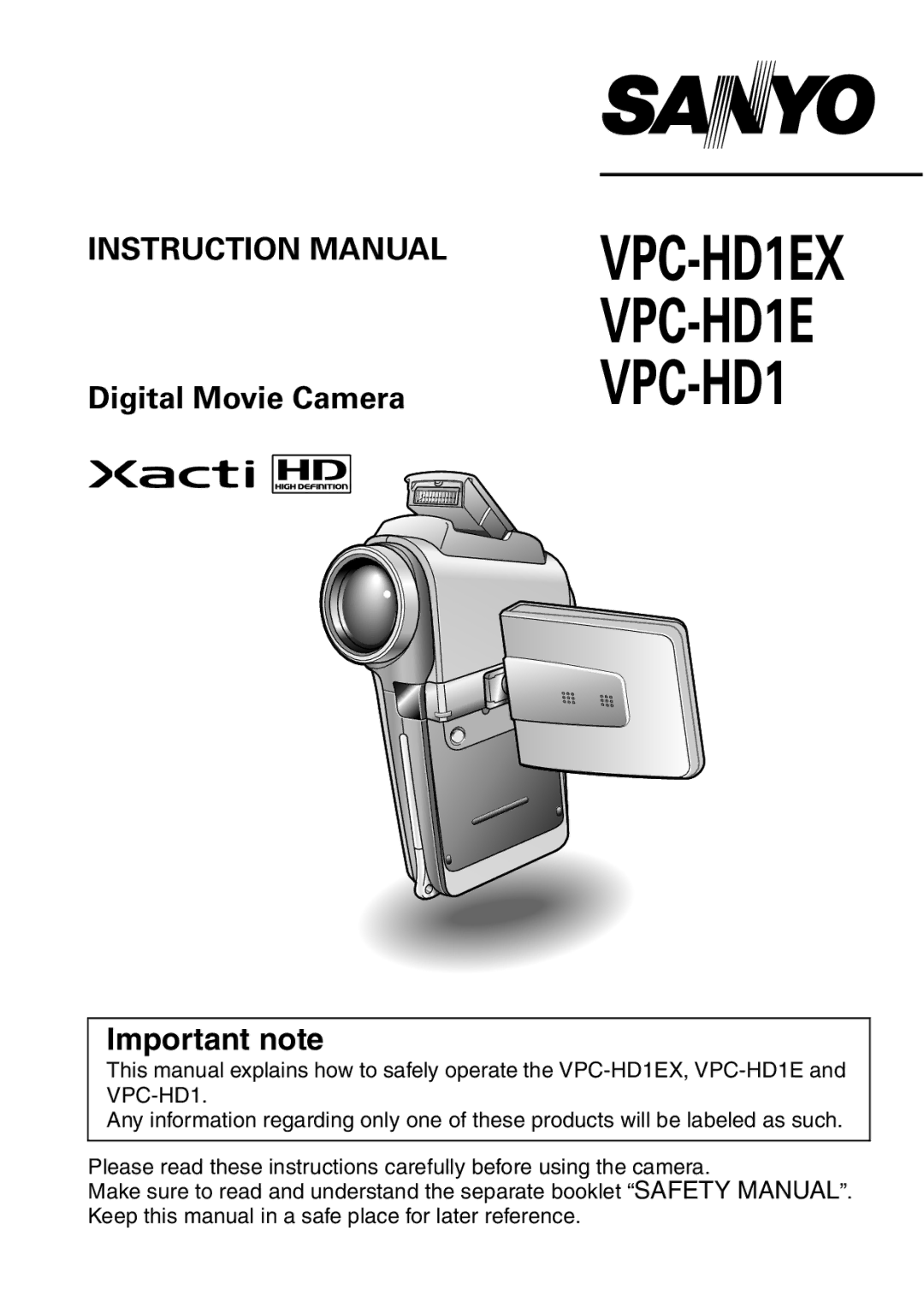 Sanyo instruction manual VPC-HD1EX VPC-HD1E VPC-HD1, Important note 