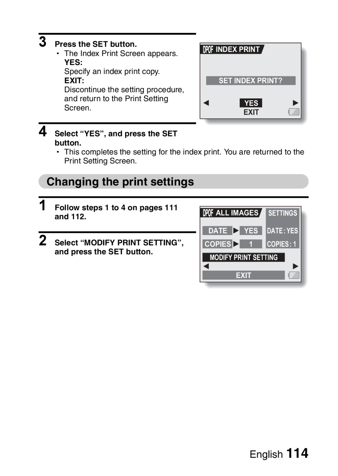 Sanyo VPC-HD1EX Changing the print settings, Index Print SET Index PRINT? YES, Select YES, and press the SET button 