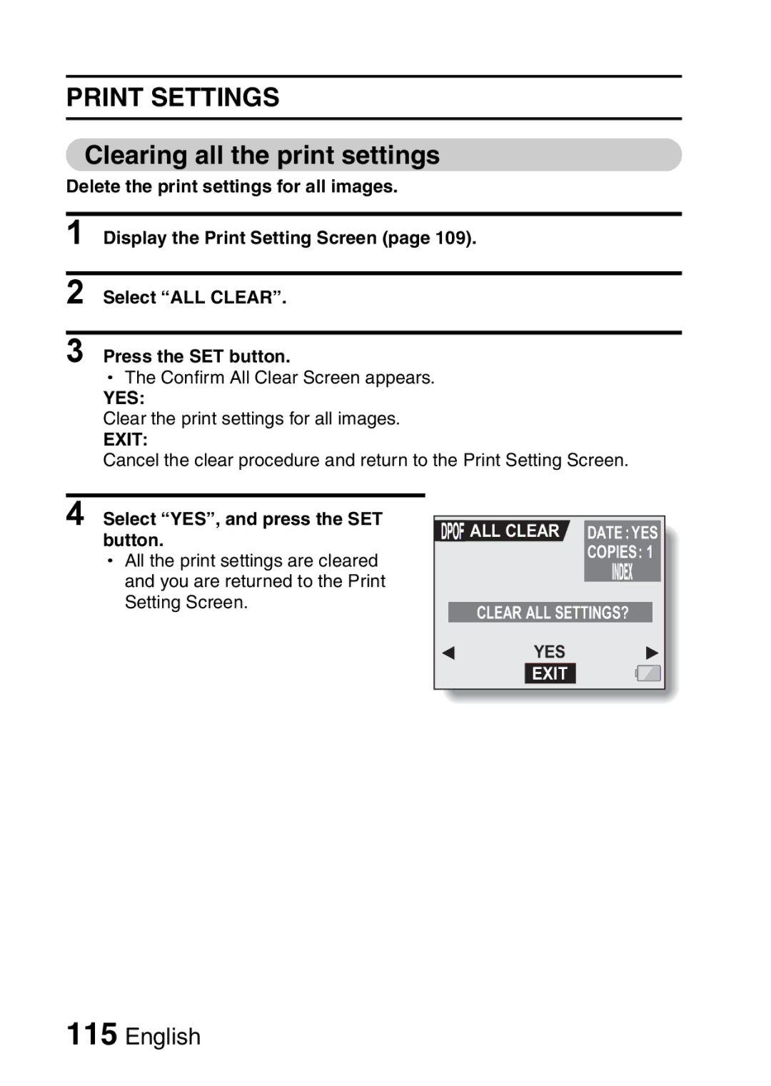 Sanyo VPC-HD1EX instruction manual Clearing all the print settings, Clear ALL SETTINGS? 