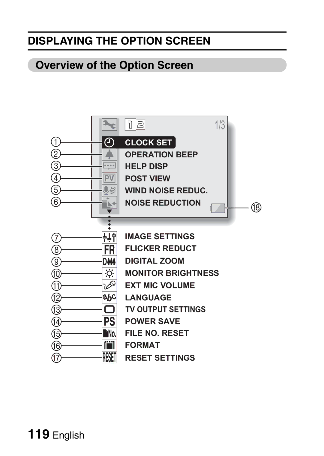 Sanyo VPC-HD1EX instruction manual Displaying the Option Screen, Overview of the Option Screen 