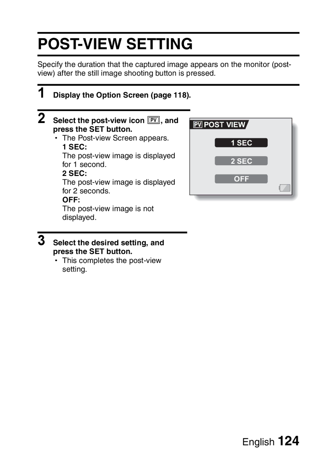 Sanyo VPC-HD1EX POST-VIEW Setting, Post View, Sec, Select the desired setting, and press the SET button 