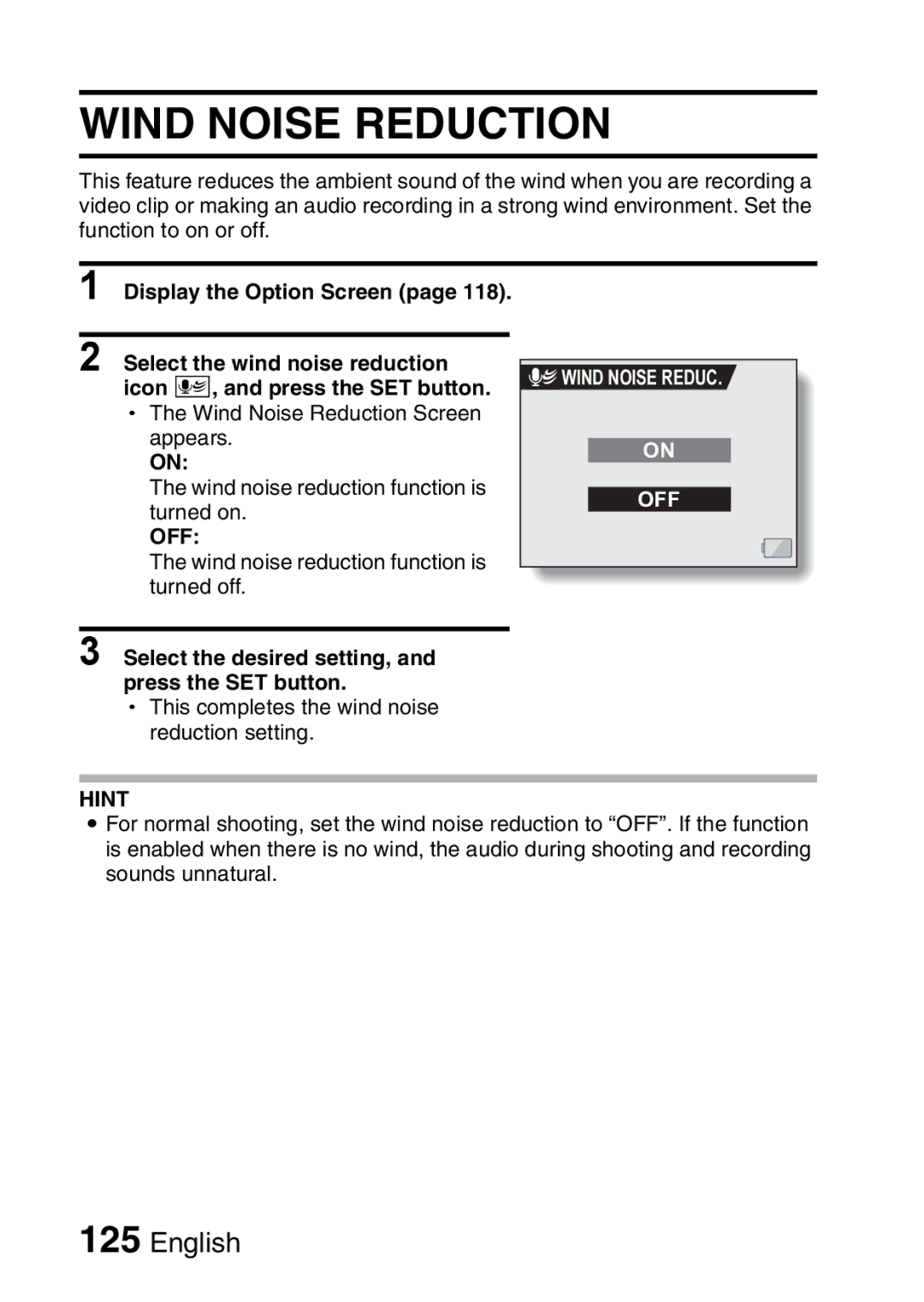 Sanyo VPC-HD1EX instruction manual Wind Noise Reduction 