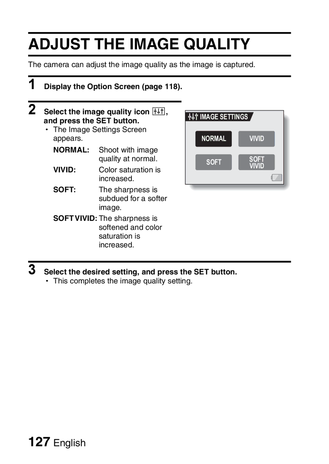 Sanyo VPC-HD1EX instruction manual Adjust the Image Quality, Image Settings Normal Vivid 