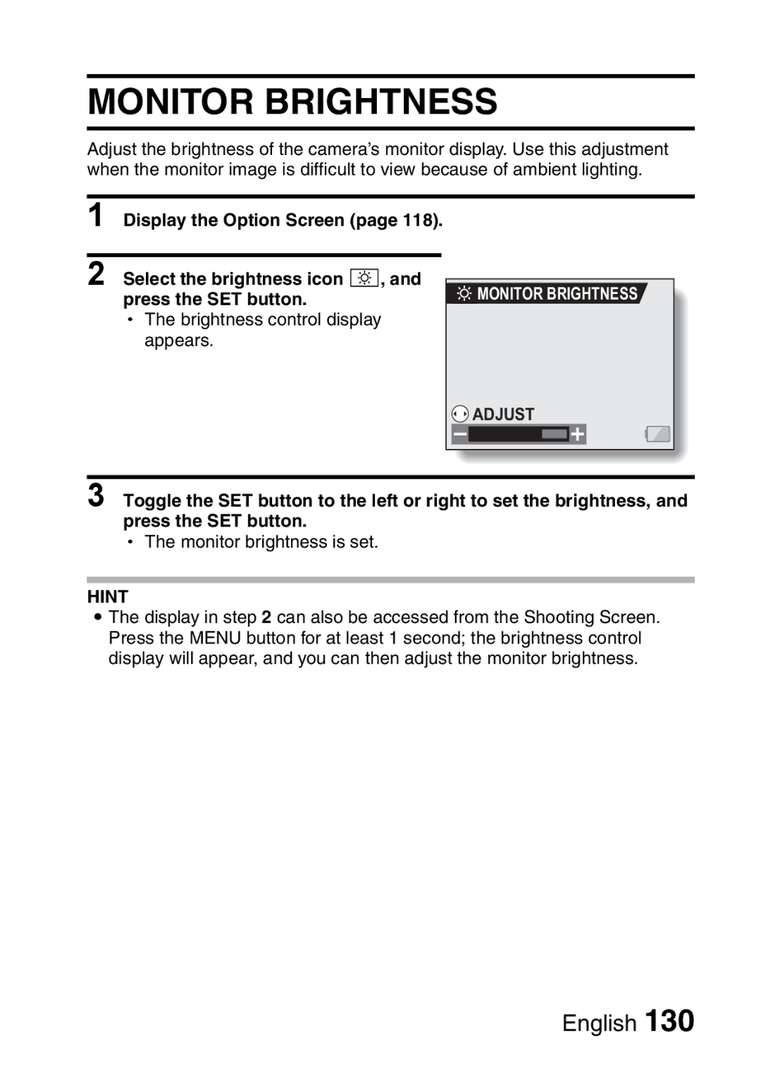 Sanyo VPC-HD1EX instruction manual Monitor Brightness, Adjust 