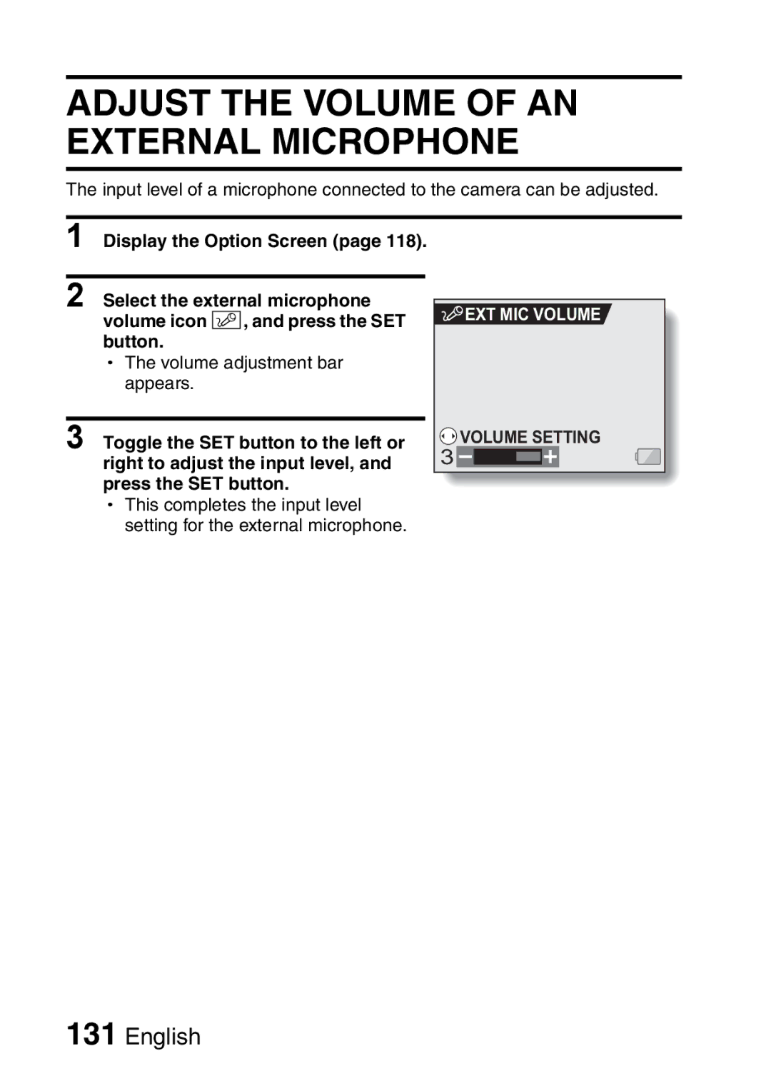 Sanyo VPC-HD1EX instruction manual Adjust the Volume of AN External Microphone, EXT MIC Volume 