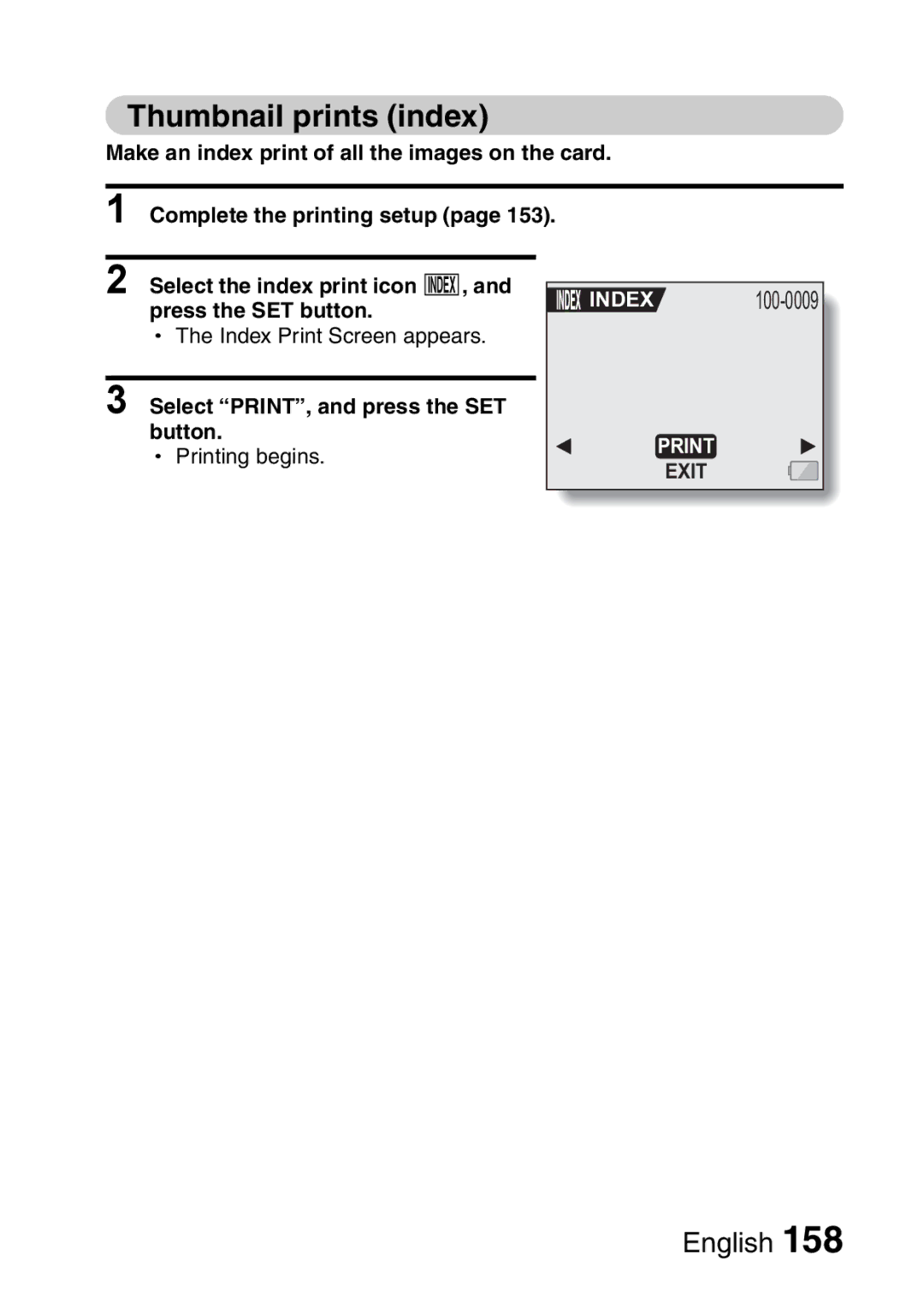 Sanyo VPC-HD1EX instruction manual Thumbnail prints index, Index, Printing begins 