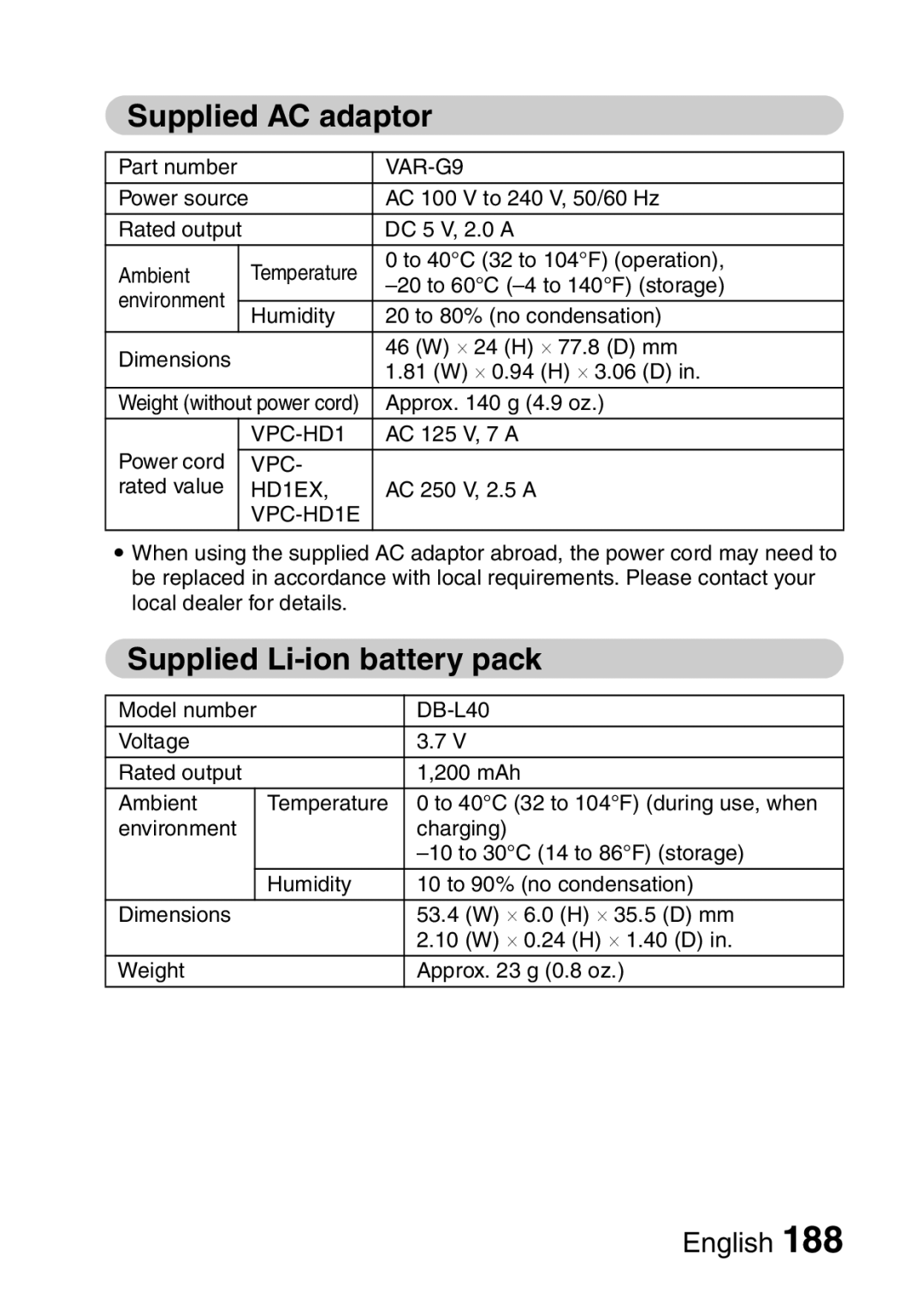 Sanyo VPC-HD1EX instruction manual Supplied AC adaptor, Supplied Li-ion battery pack 