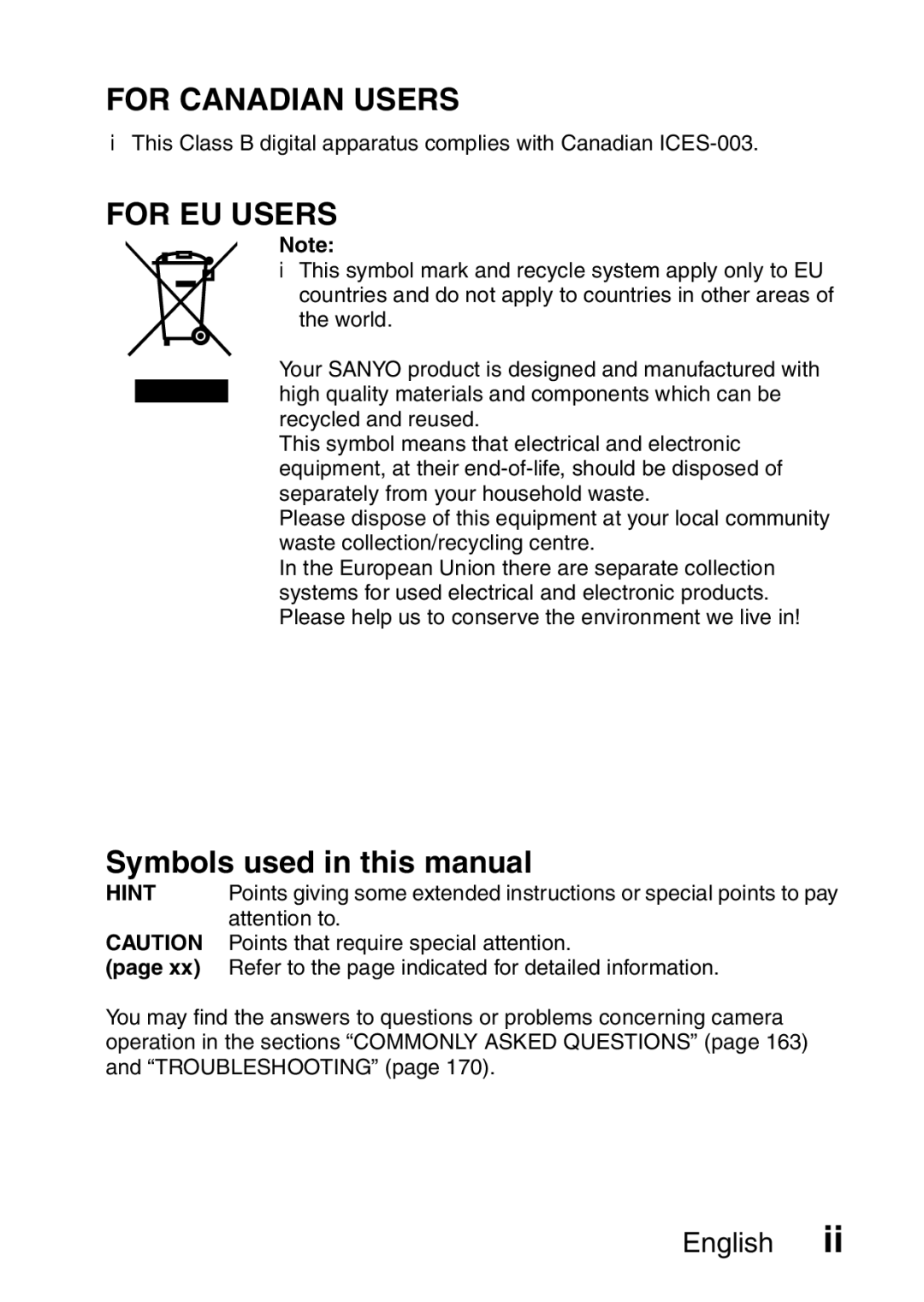 Sanyo VPC-HD1EX For Canadian Users, For EU Users, Symbols used in this manual, Points that require special attention 