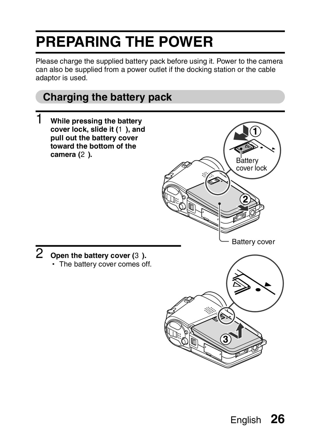 Sanyo VPC-HD1EX instruction manual Preparing the Power, Charging the battery pack, Open the battery cover 