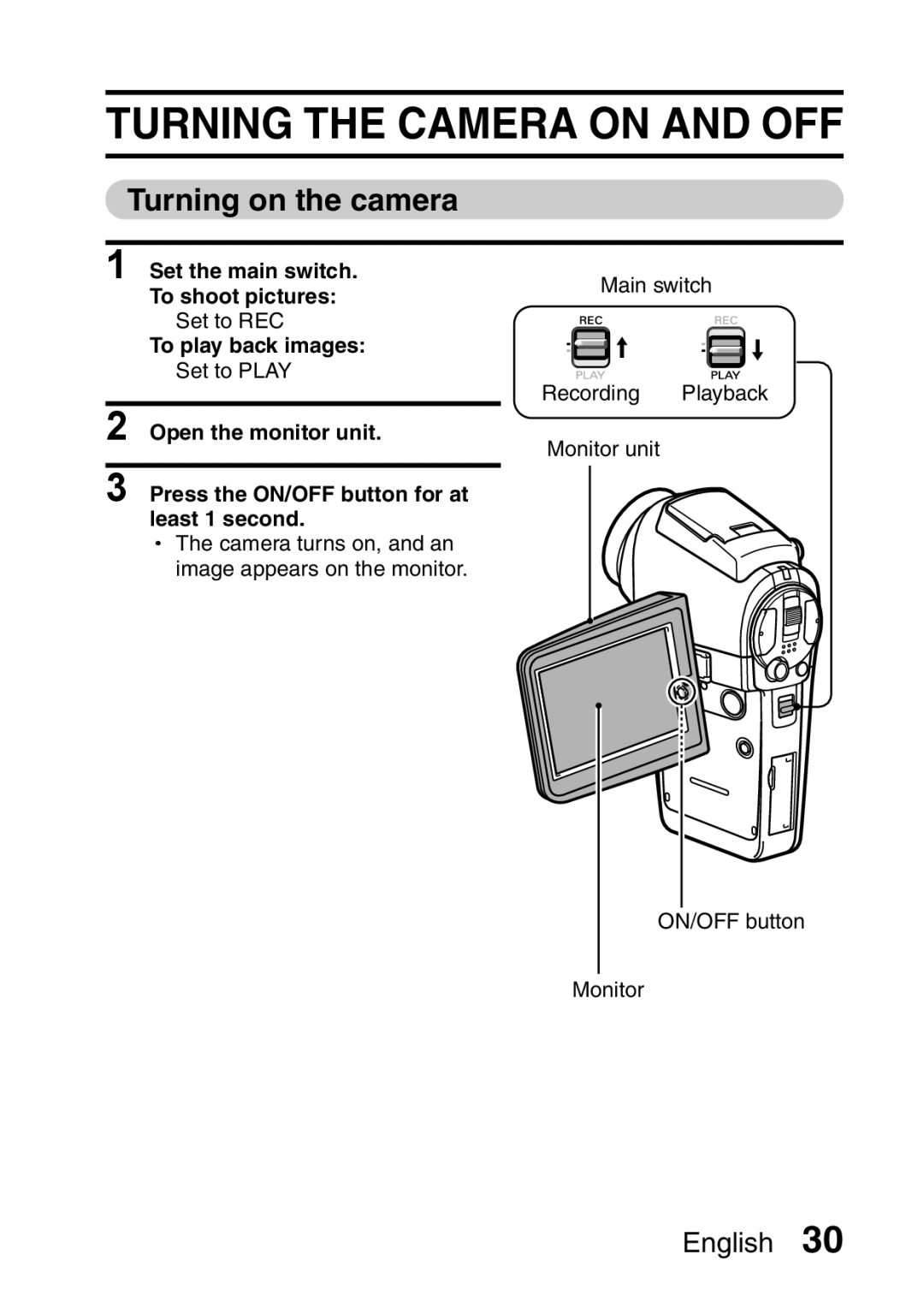 Sanyo VPC-HD1EX instruction manual Turning the Camera on and OFF, Turning on the camera 