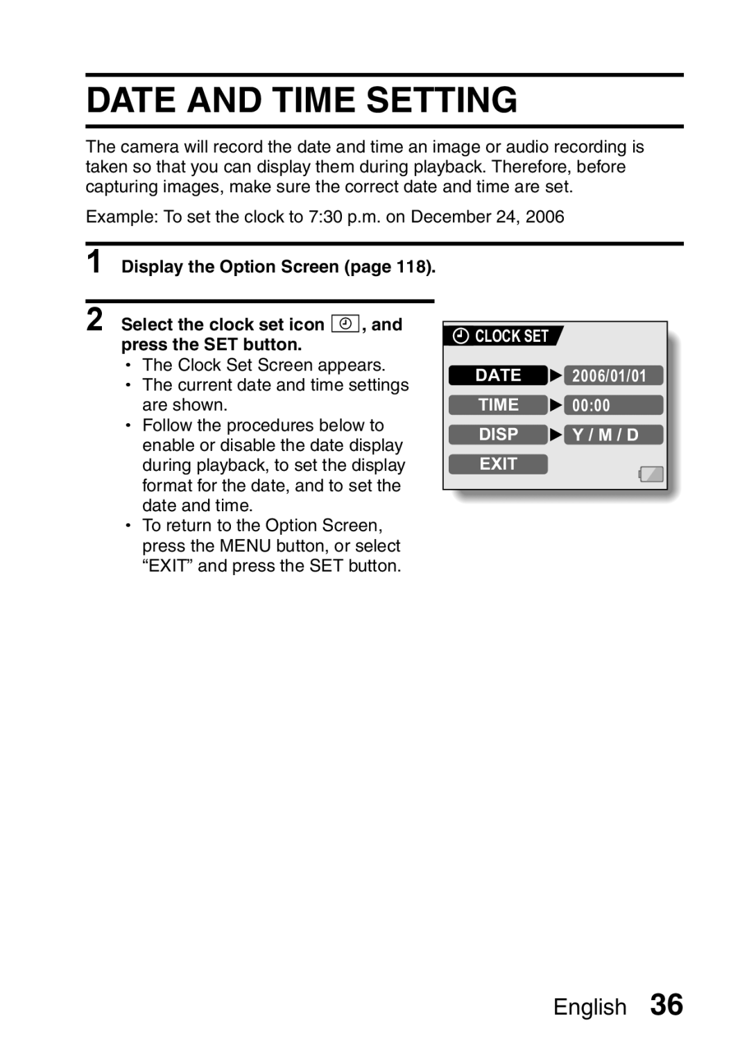 Sanyo VPC-HD1EX instruction manual Date and Time Setting, Clock SET, Disp Y / M / D Exit 