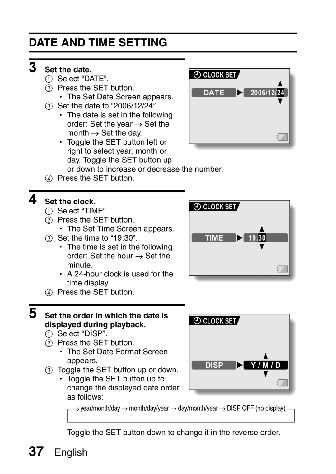 Sanyo VPC-HD1EX instruction manual Date and Time Setting, Set the date, Set the clock, Clock SET Disp 