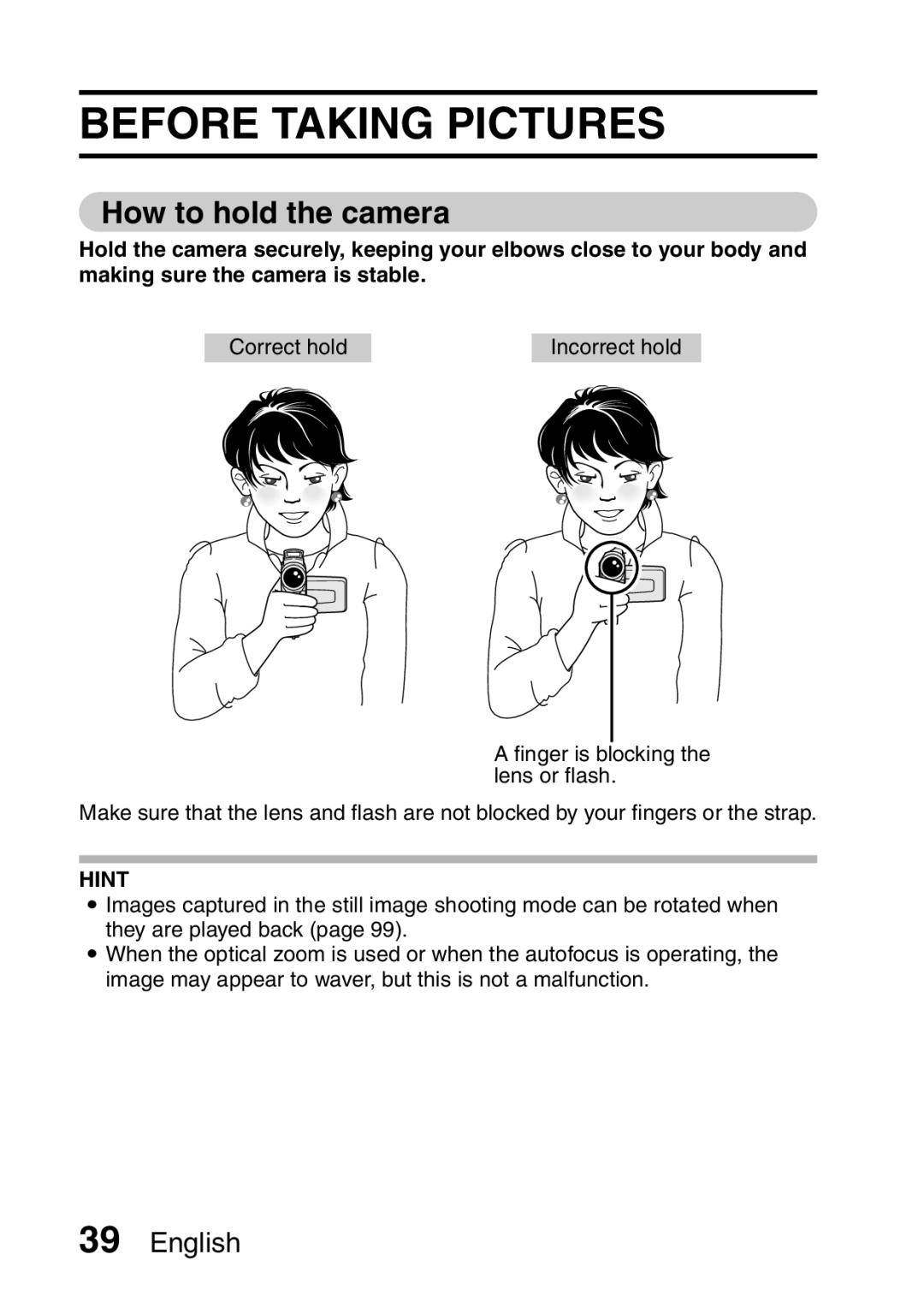 Sanyo VPC-HD1EX instruction manual Before Taking Pictures, How to hold the camera 