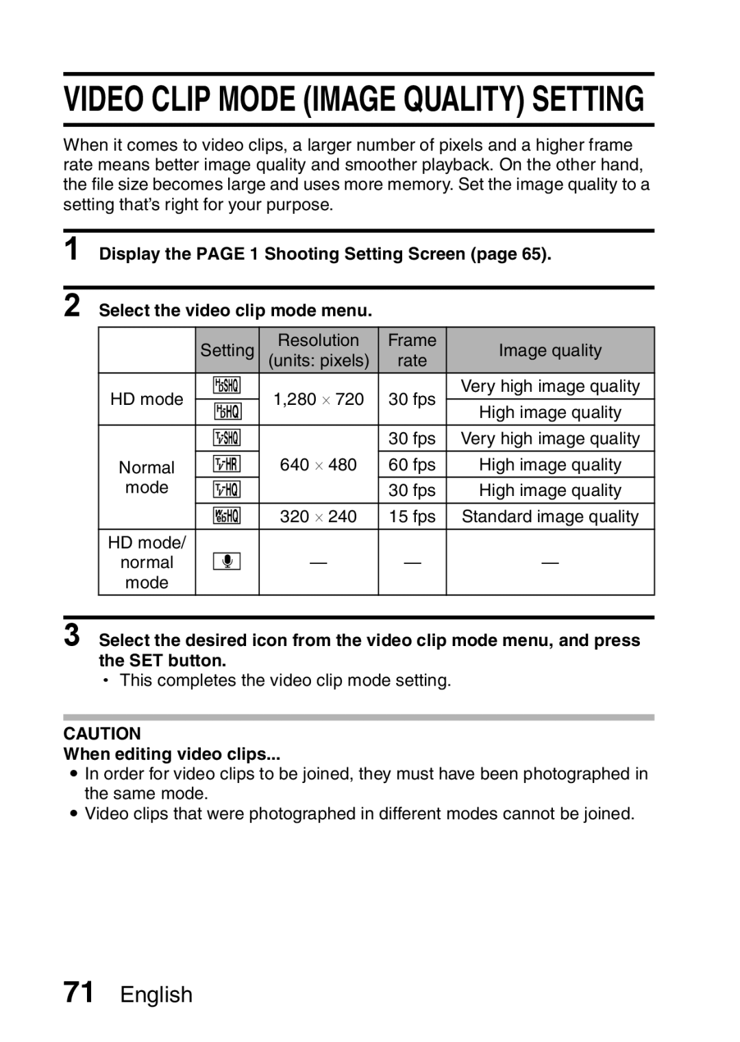 Sanyo VPC-HD1EX instruction manual Video Clip Mode Image Quality Setting, When editing video clips 