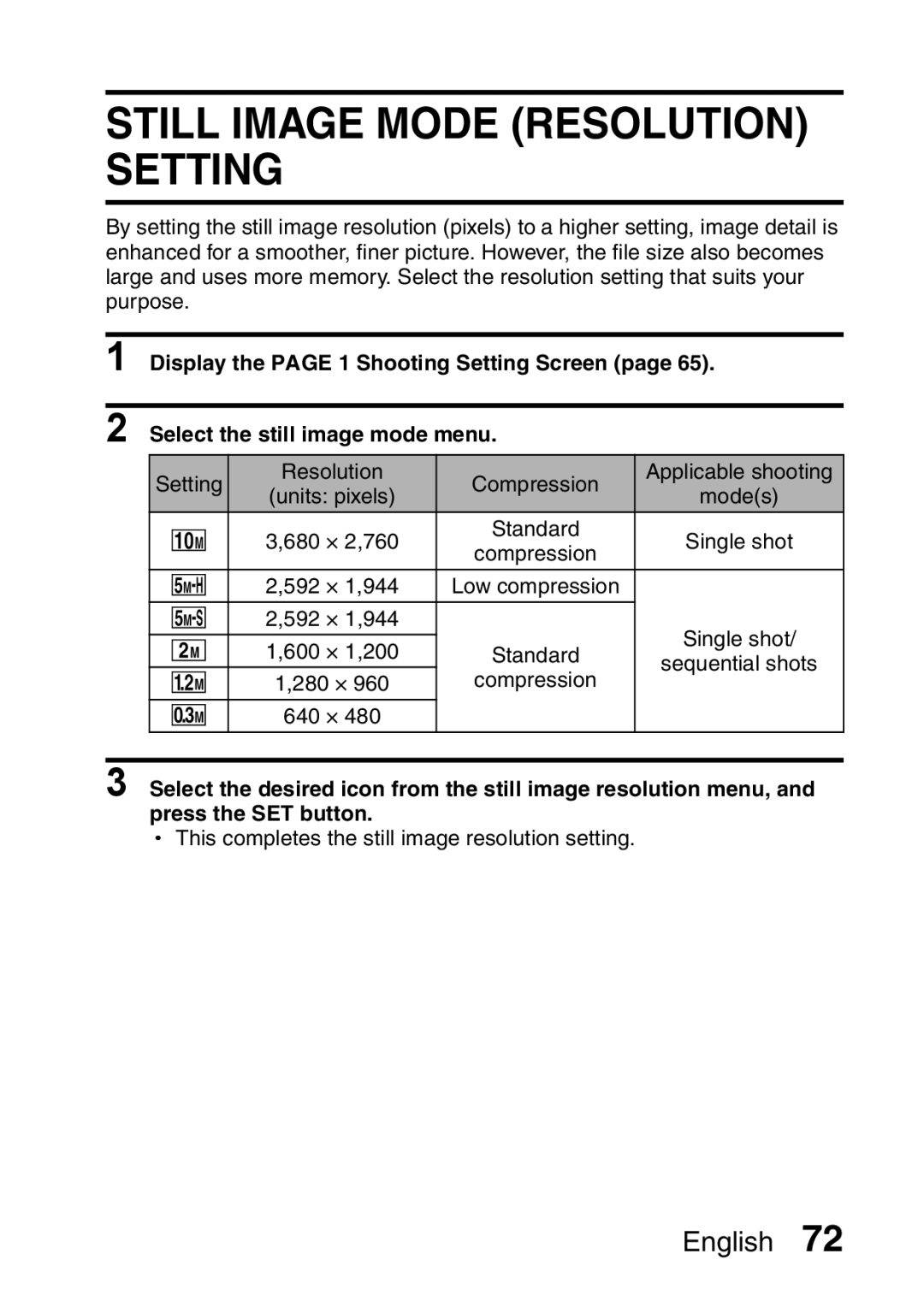 Sanyo VPC-HD1EX instruction manual Still Image Mode Resolution Setting 