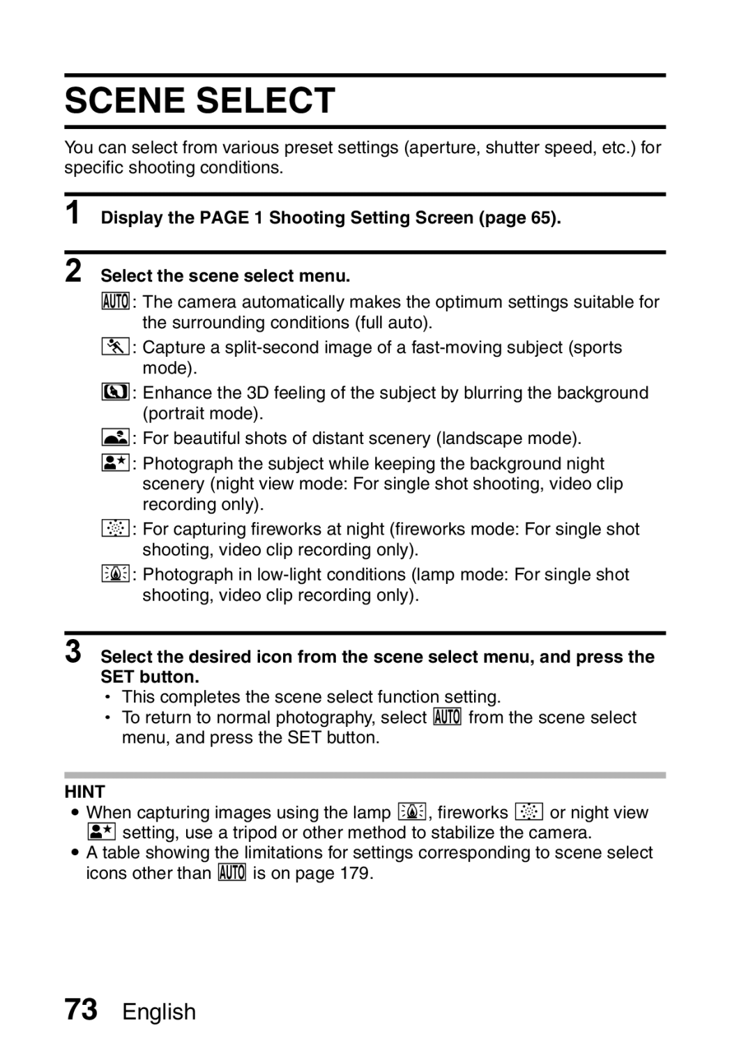 Sanyo VPC-HD1EX instruction manual Scene Select 