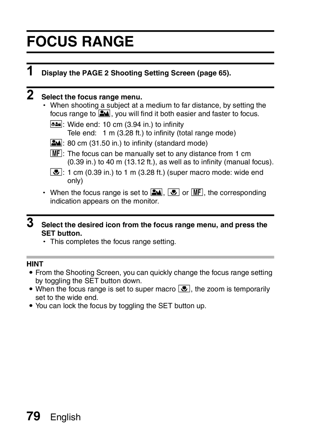 Sanyo VPC-HD1EX instruction manual Focus Range 