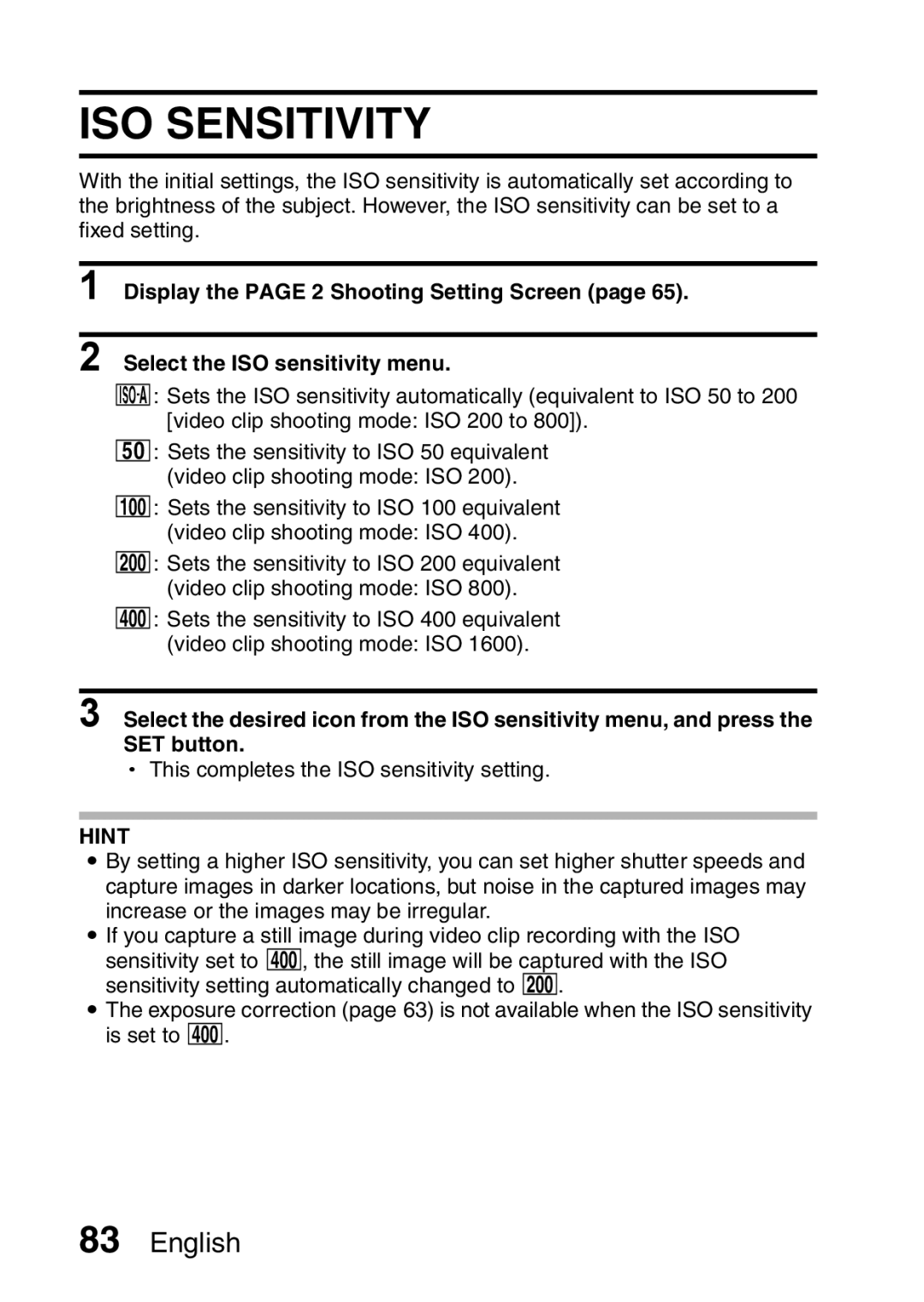 Sanyo VPC-HD1EX instruction manual ISO Sensitivity 