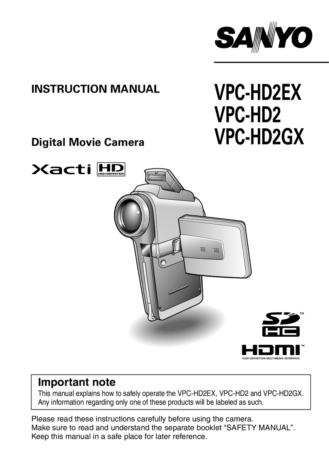 Sanyo VPC-HD2EX, VPC-H2GX instruction manual Important note 