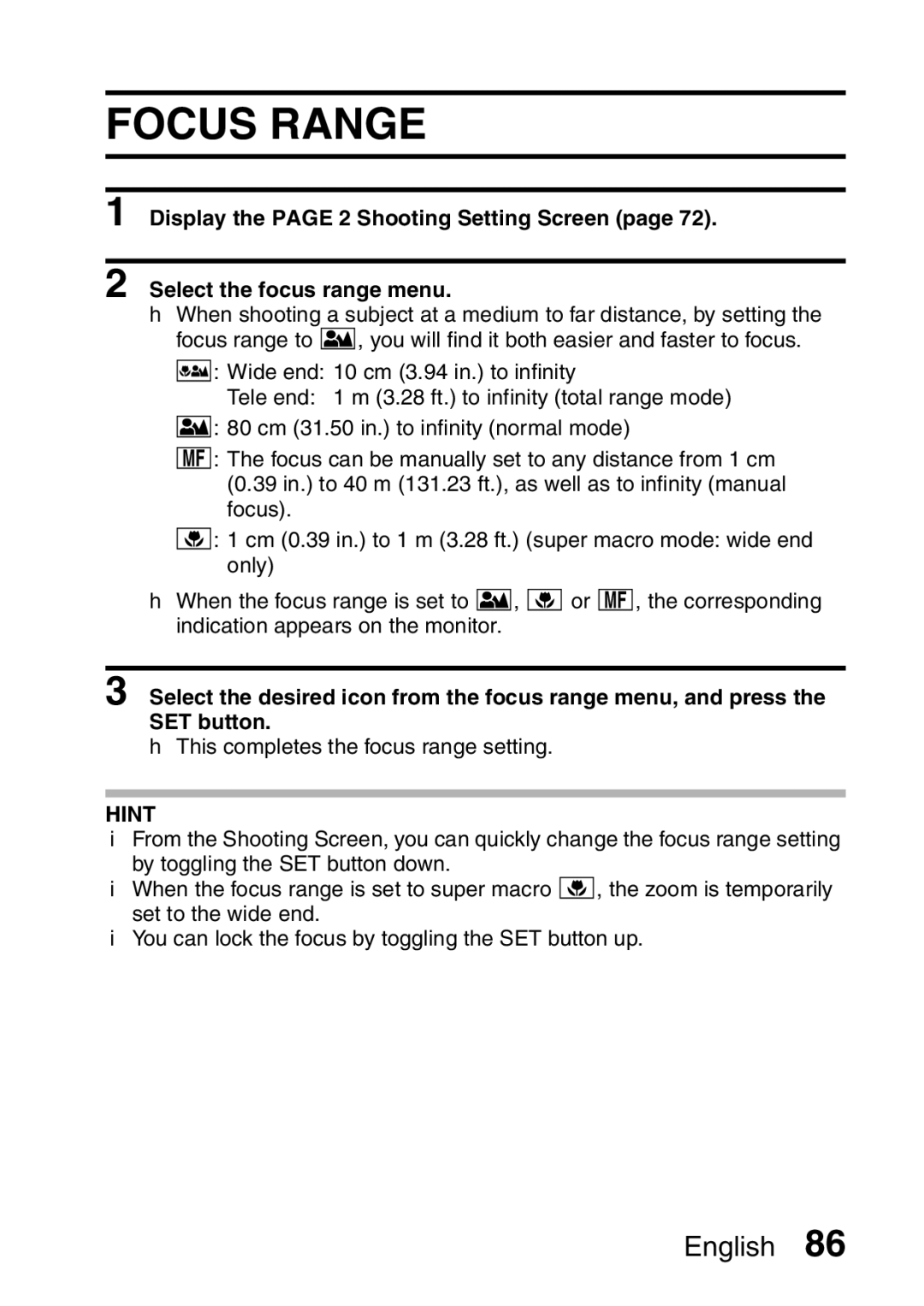 Sanyo VPC-HD2EX, VPC-H2GX instruction manual Focus Range 