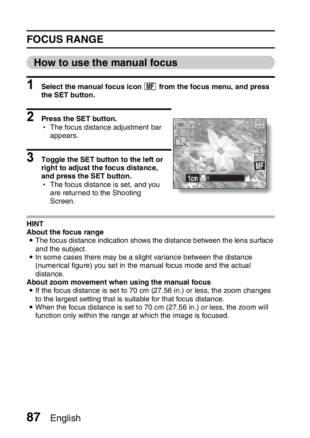 Sanyo VPC-H2GX, VPC-HD2EX instruction manual Focus Range, How to use the manual focus, About the focus range 