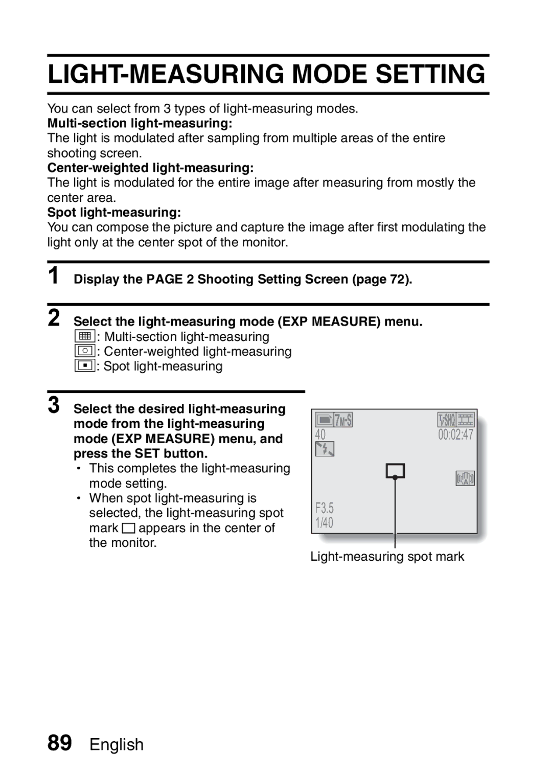 Sanyo VPC-HD2EX, VPC-H2GX LIGHT-MEASURING Mode Setting, Multi-section light-measuring, Center-weighted light-measuring 