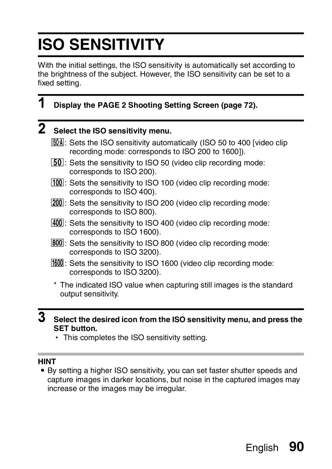 Sanyo VPC-H2GX, VPC-HD2EX instruction manual ISO Sensitivity 