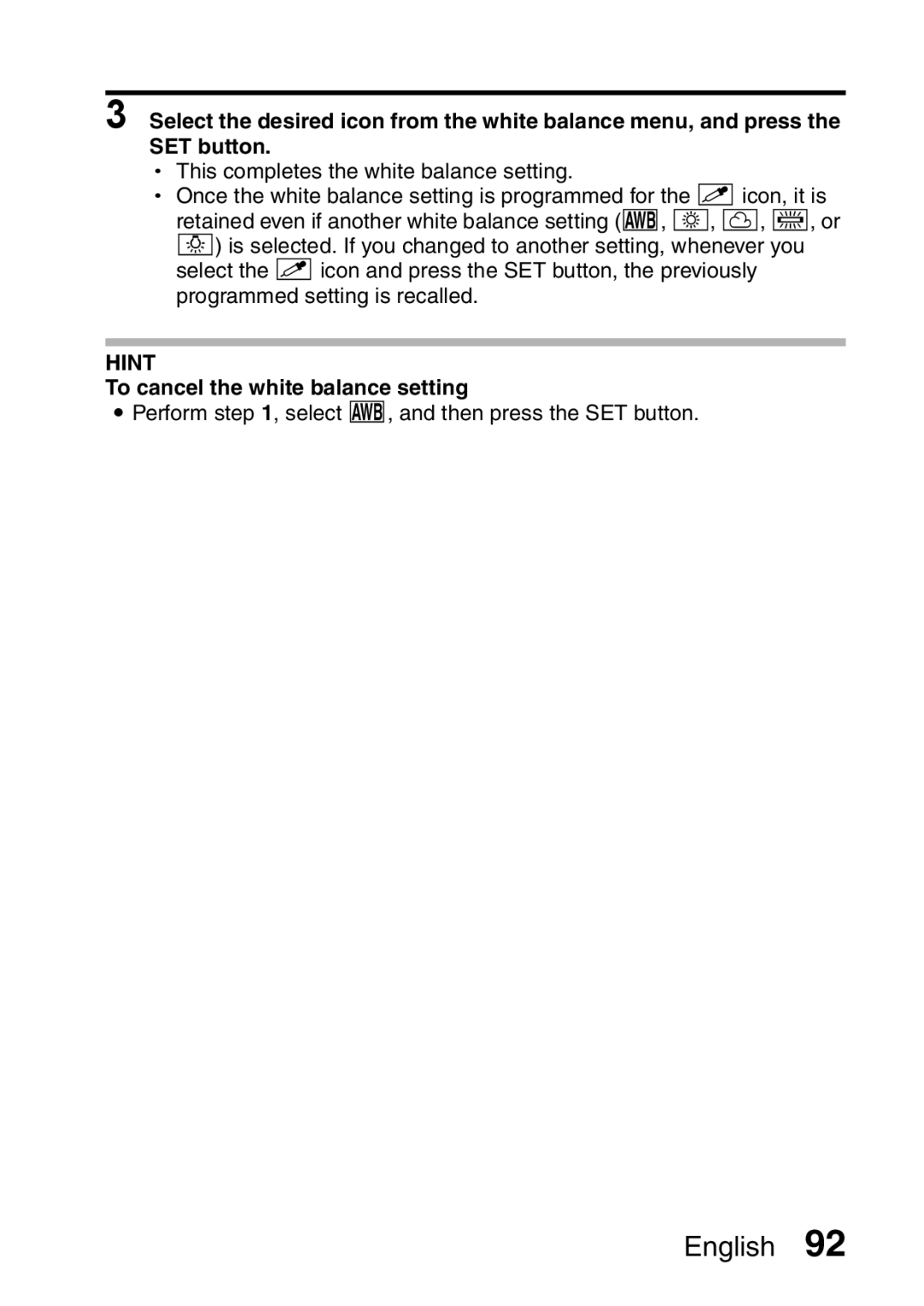 Sanyo VPC-HD2EX, VPC-H2GX instruction manual To cancel the white balance setting 