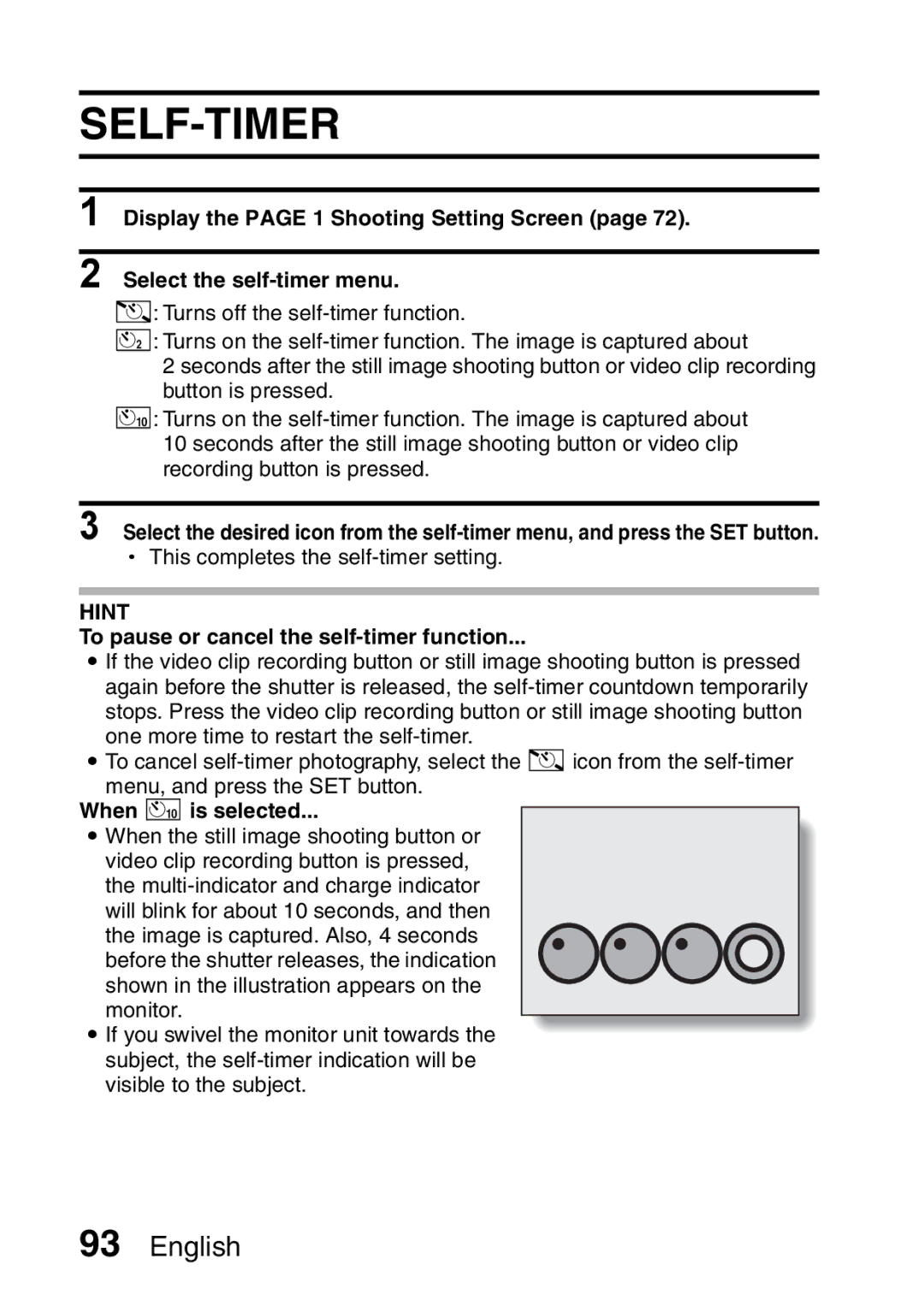 Sanyo VPC-H2GX, VPC-HD2EX instruction manual Self-Timer, To pause or cancel the self-timer function, When xis selected 