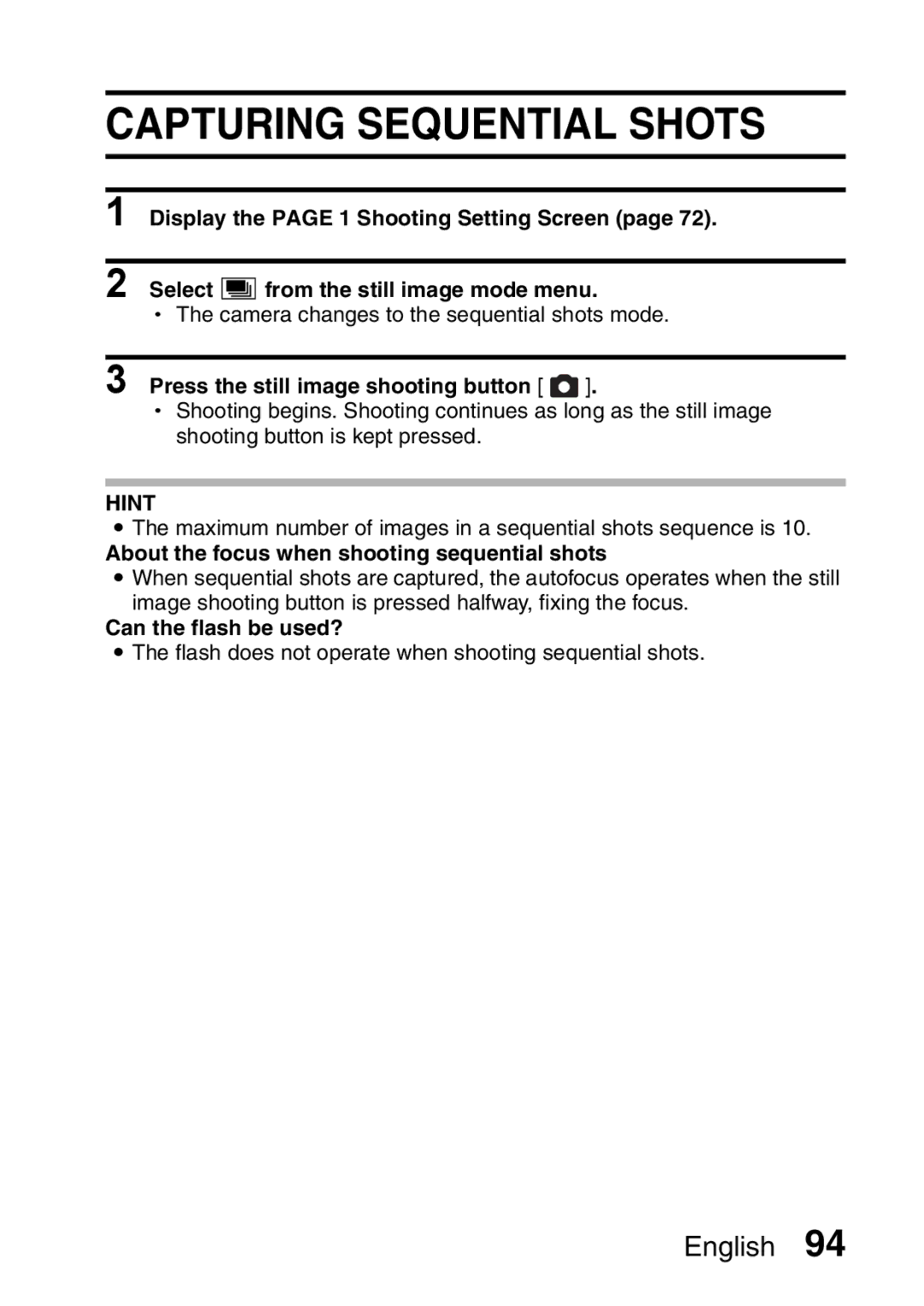 Sanyo VPC-HD2EX Capturing Sequential Shots, About the focus when shooting sequential shots, Can the flash be used? 