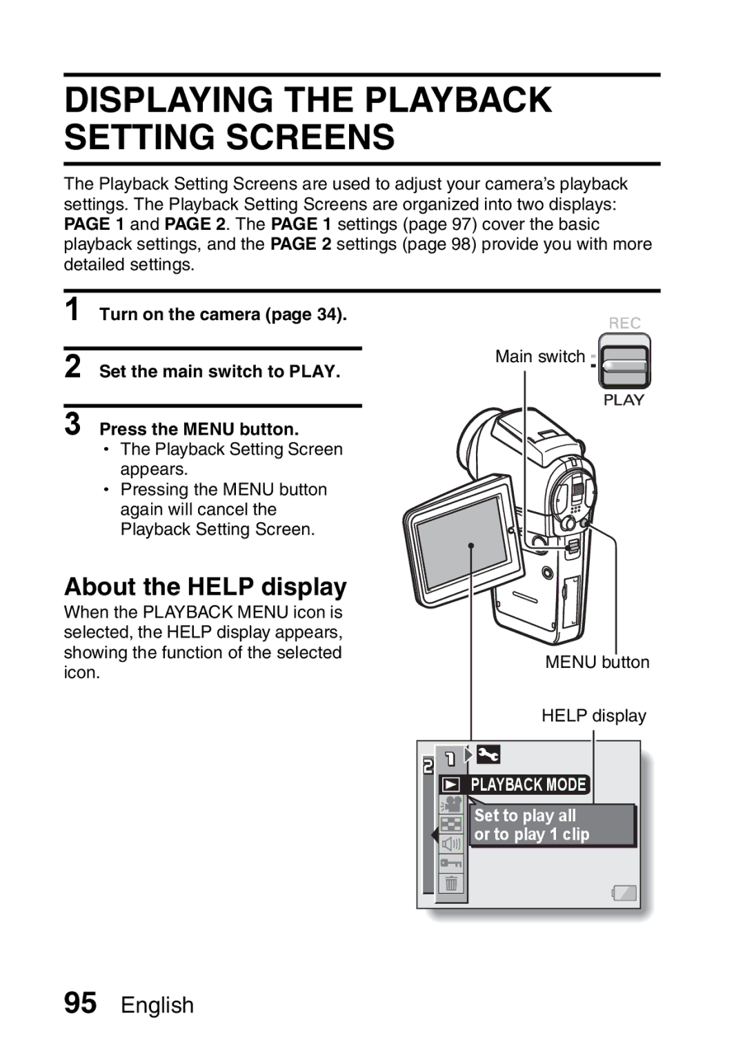 Sanyo VPC-HD2EX, VPC-H2GX instruction manual Displaying the Playback Setting Screens 