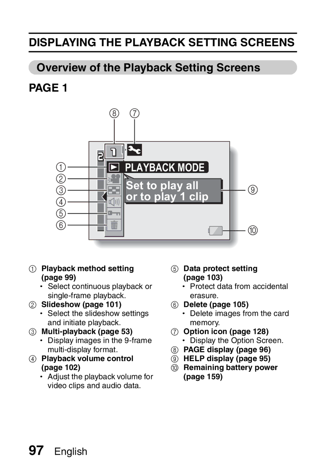 Sanyo VPC-HD2EX, VPC-H2GX Displaying the Playback Setting Screens, Overview of the Playback Setting Screens 