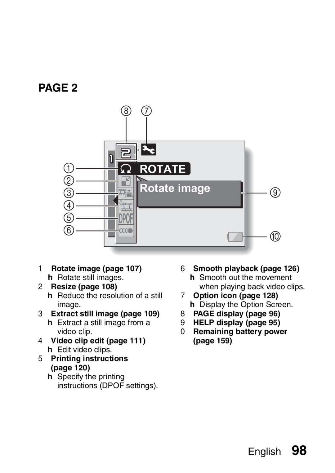 Sanyo VPC-HD2 Rotate image page 107 h Rotate still images Resize, Smooth playback page 126 h Smooth out the movement 