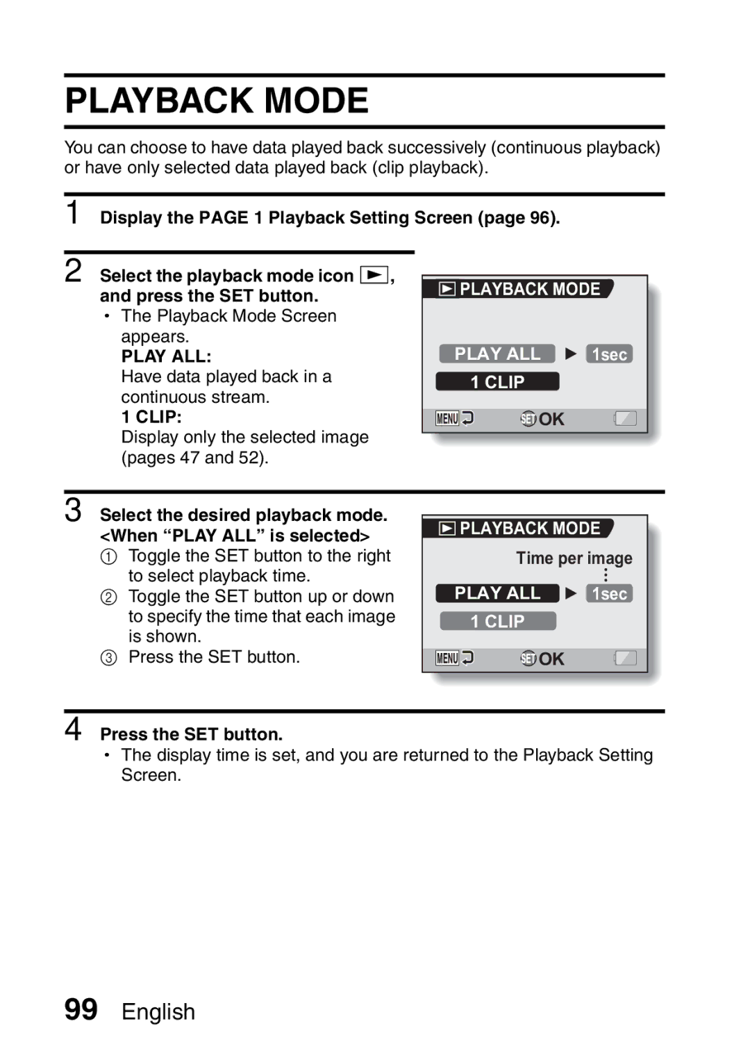 Sanyo VPC-H2GX, VPC-HD2EX instruction manual Playback Mode, Select the desired playback mode, When Play ALL is selected 