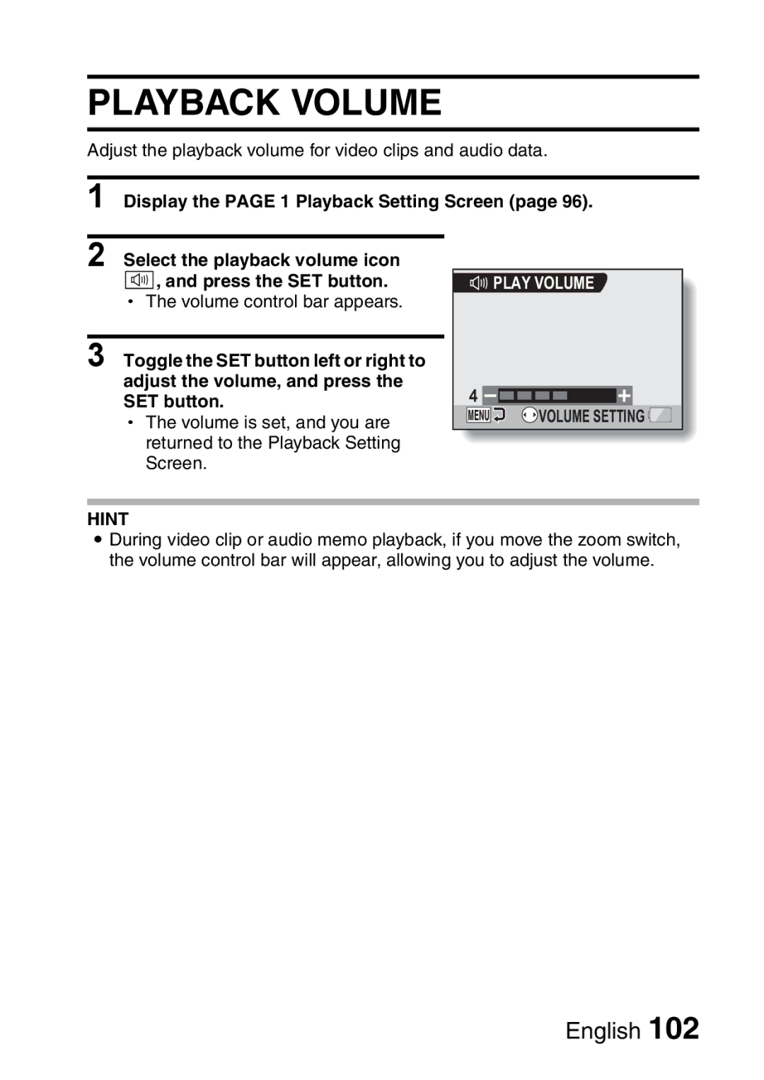 Sanyo VPC-H2GX, VPC-HD2EX instruction manual Playback Volume, Play Volume 