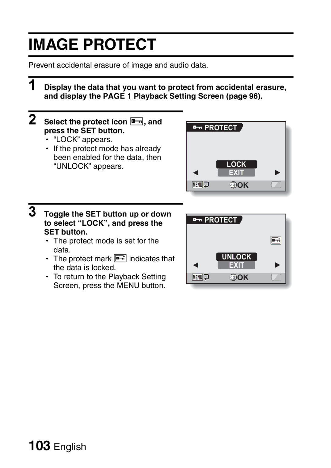 Sanyo VPC-HD2EX, VPC-H2GX instruction manual Image Protect, Protect Lock Exit, Protect Unlock Exit 