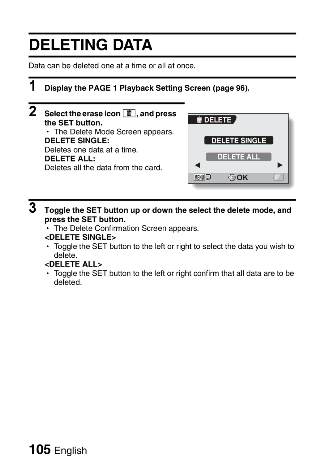 Sanyo VPC-H2GX, VPC-HD2EX Deleting Data, Delete Single Deletes one data at a time, Delete Delete Single Delete ALL 