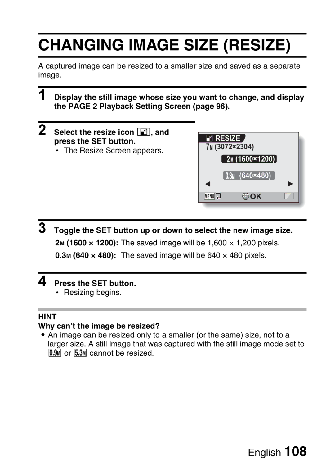 Sanyo VPC-H2GX, VPC-HD2EX instruction manual Changing Image Size Resize 