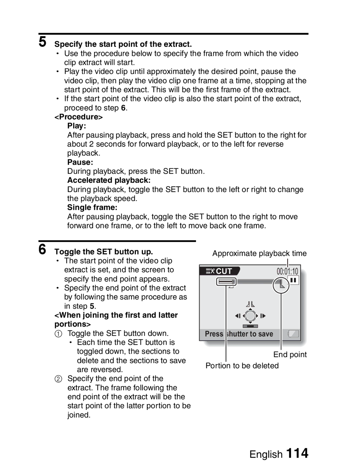 Sanyo VPC-H2GX, VPC-HD2EX Specify the start point of the extract, Procedure Play, Accelerated playback, Single frame 