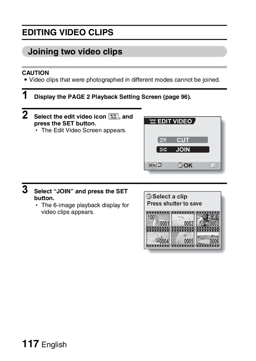 Sanyo VPC-H2GX, VPC-HD2EX Joining two video clips, Edit Video CUT Join, Select Join and press the SET button 