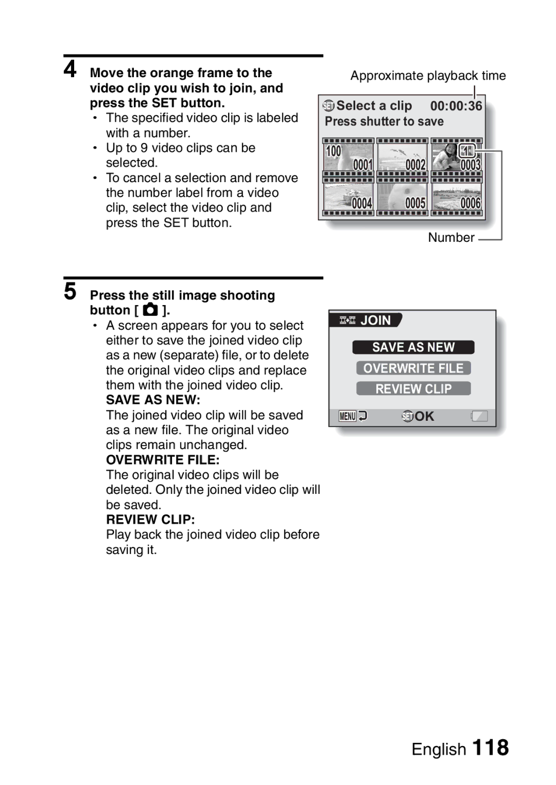 Sanyo VPC-HD2EX, VPC-H2GX instruction manual Number, Join Save AS NEW Overwrite File Review Clip 