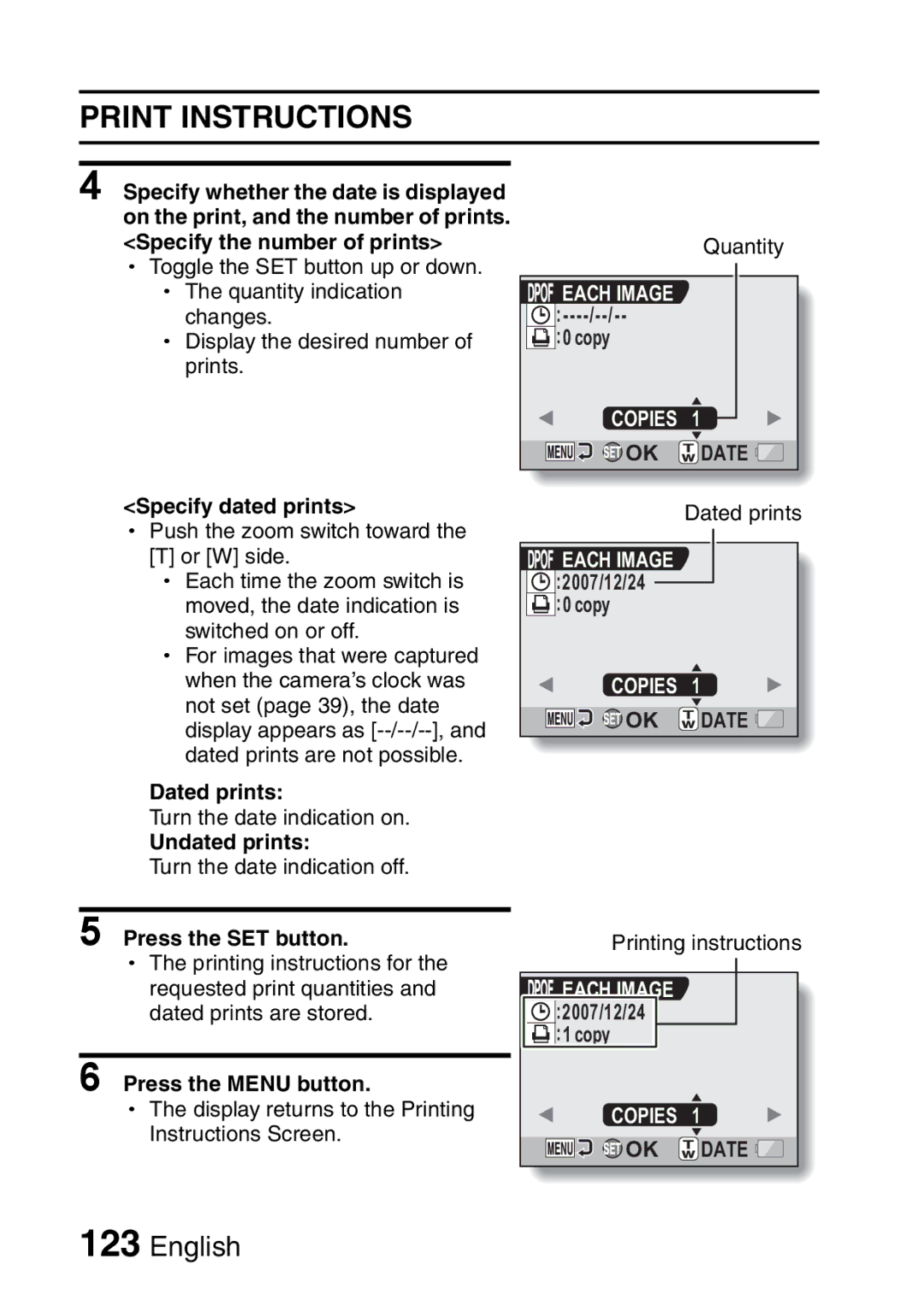 Sanyo VPC-H2GX, VPC-HD2EX instruction manual Specify dated prints, Dated prints, Undated prints, Copies 