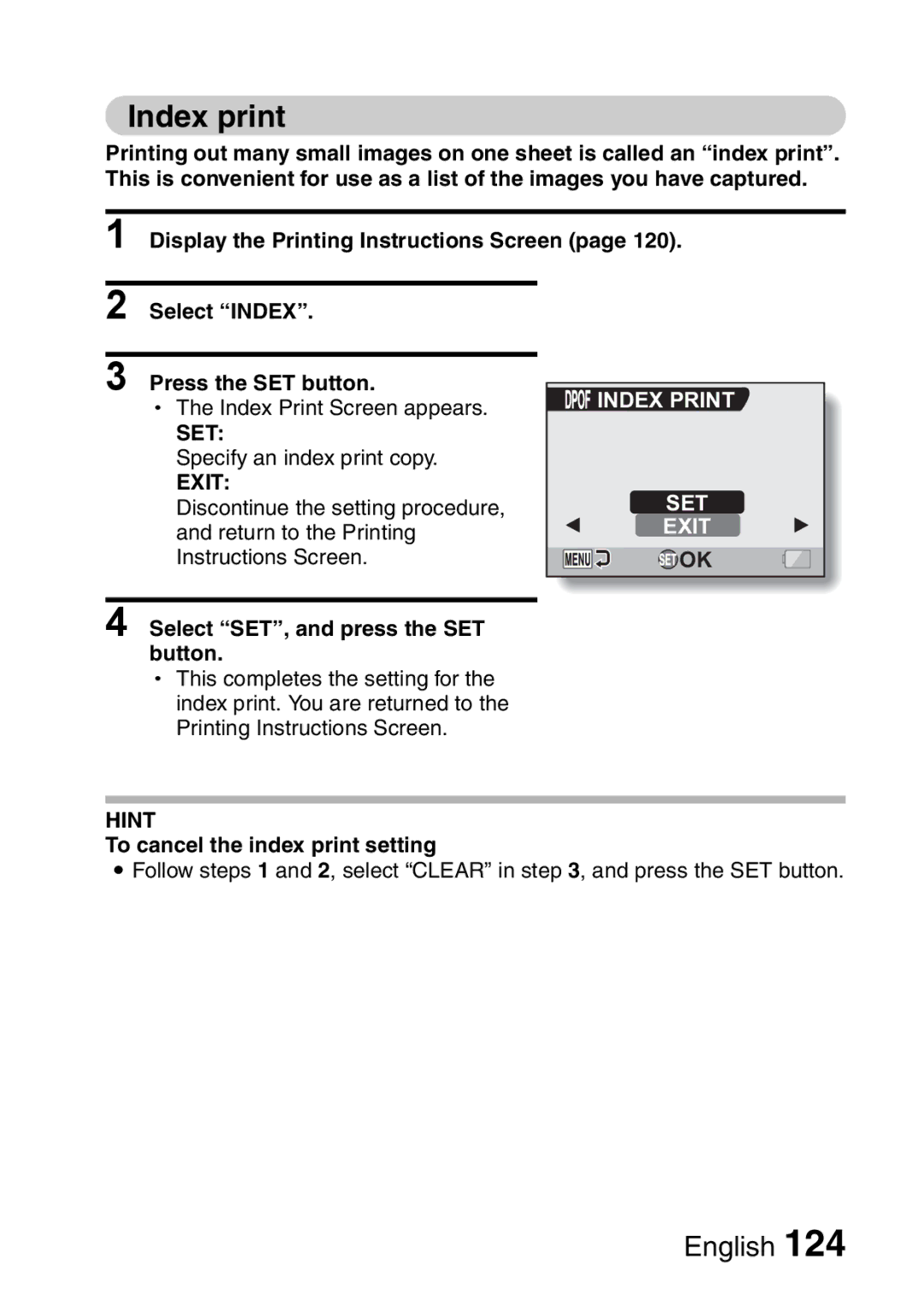 Sanyo VPC-HD2EX, VPC-H2GX Index print, Select Index Press the SET button, Set, Select SET, and press the SET button 