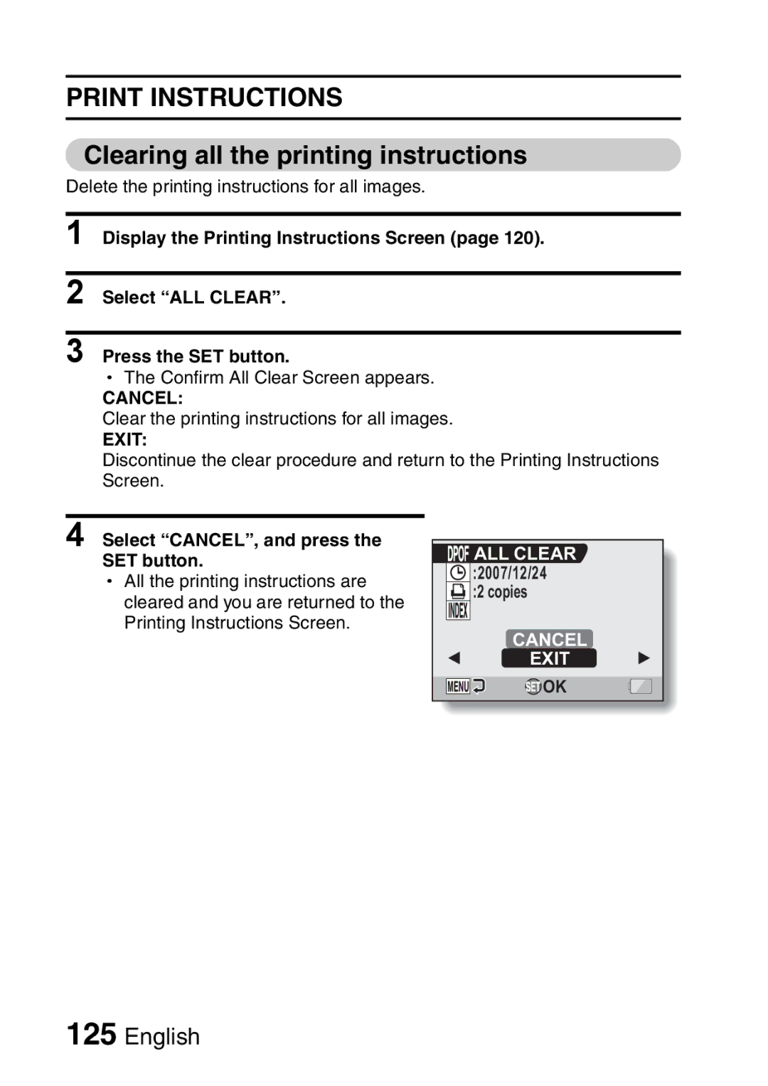 Sanyo VPC-HD2EX, VPC-H2GX Clearing all the printing instructions, Select CANCEL, and press the SET button, Cancel Exit 