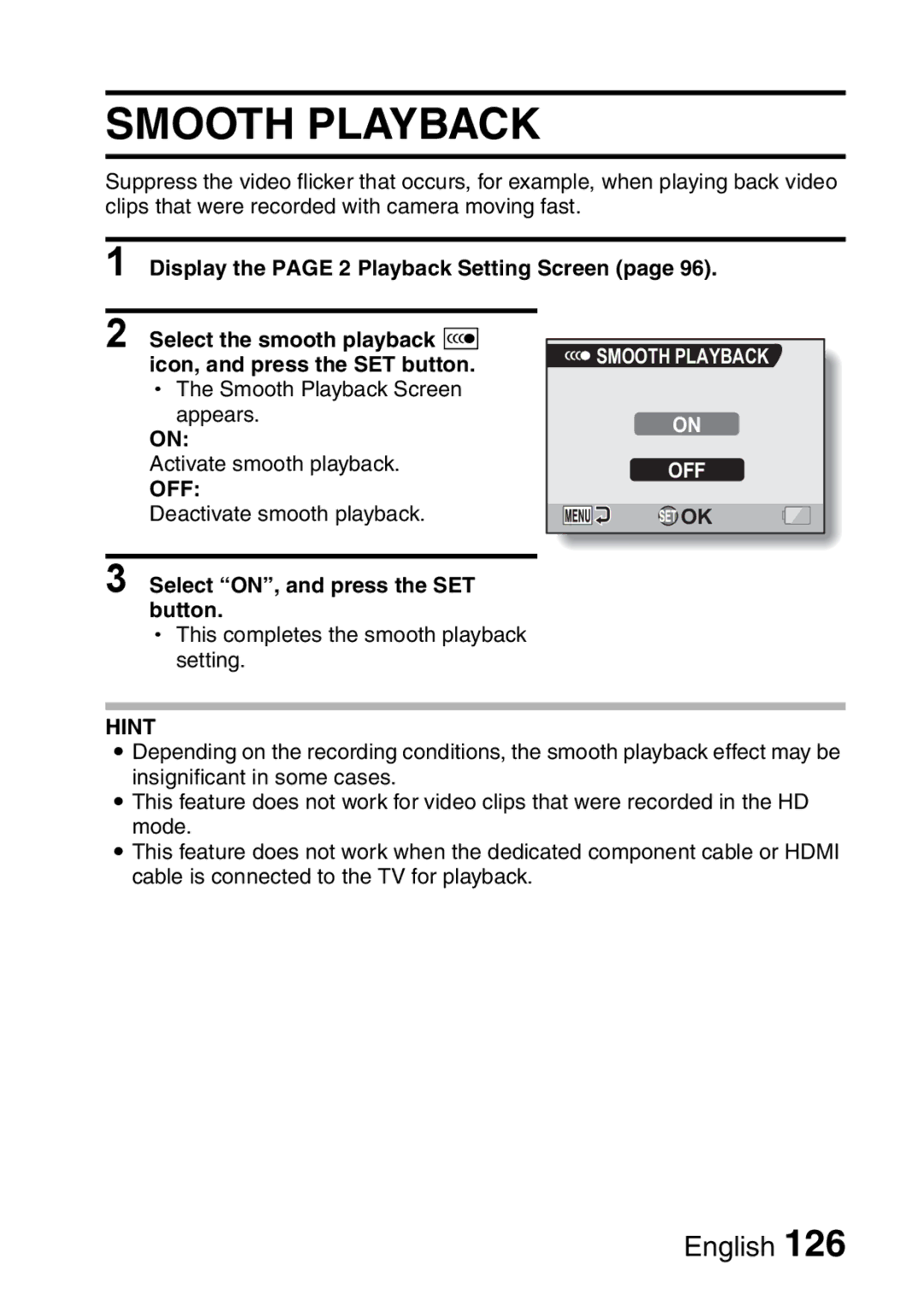 Sanyo VPC-H2GX, VPC-HD2EX instruction manual Smooth Playback, Select ON, and press the SET button 