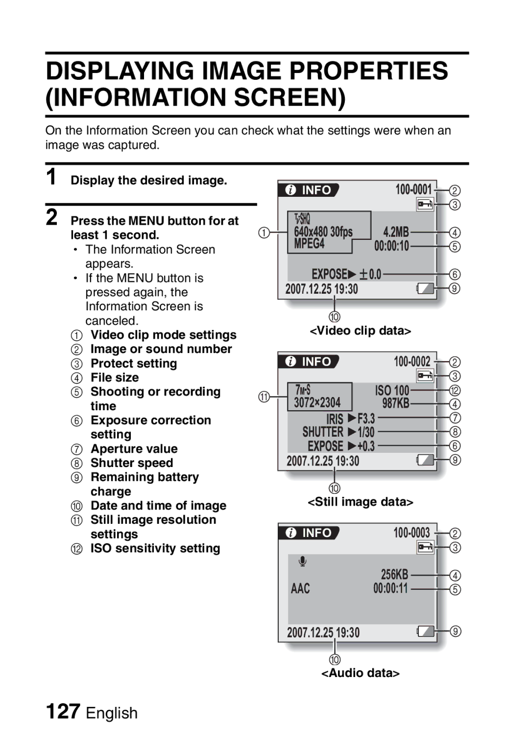 Sanyo VPC-HD2EX, VPC-H2GX instruction manual Info, Video clip data, Still image data 