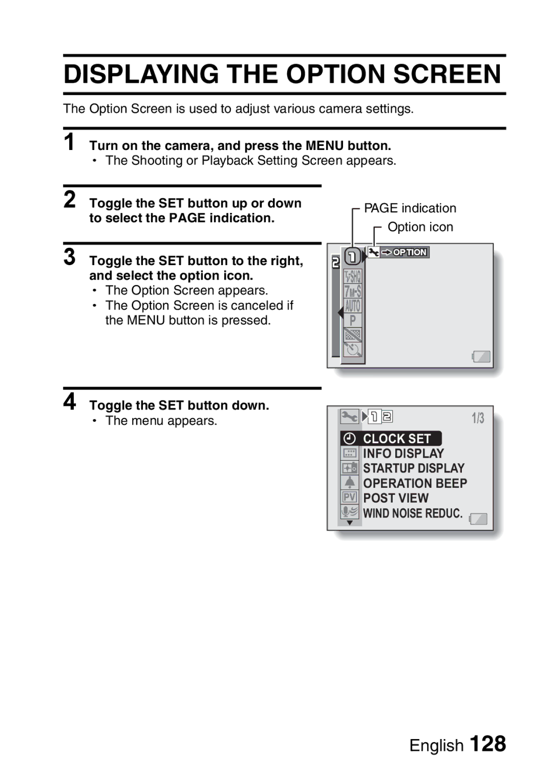 Sanyo VPC-HD2EX, VPC-H2GX instruction manual Displaying the Option Screen 