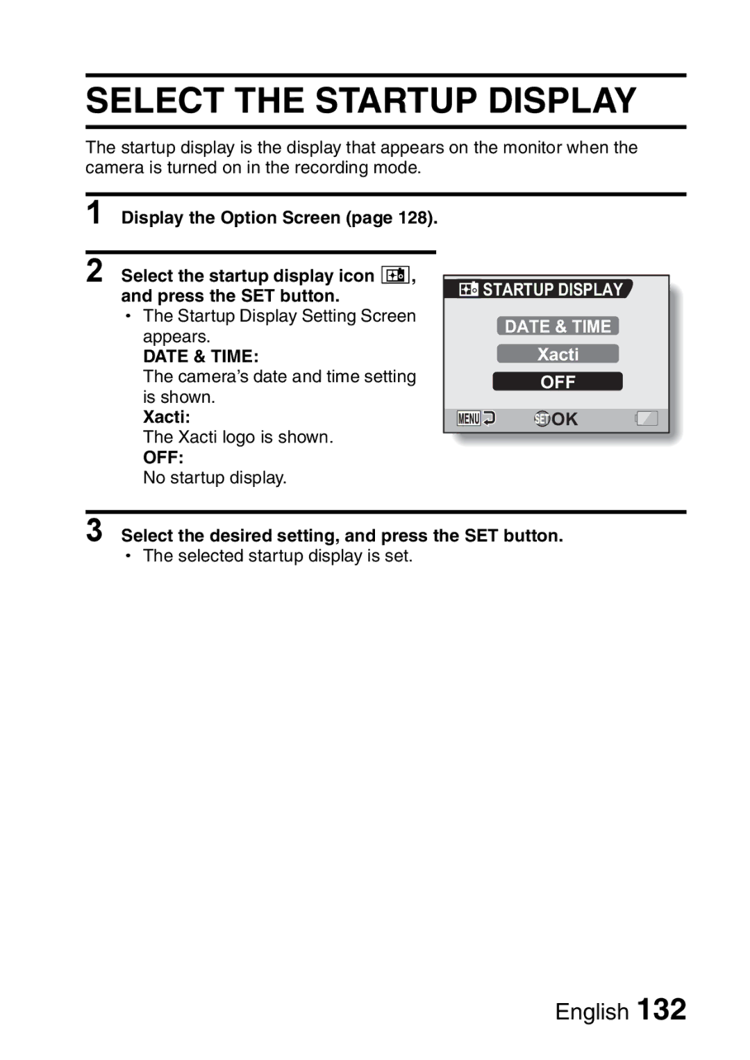 Sanyo VPC-H2GX, VPC-HD2EX instruction manual Select the Startup Display, Xacti, Date & Time 