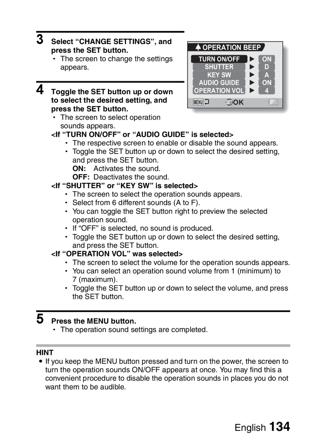 Sanyo VPC-HD2 If Turn ON/OFF or Audio Guide is selected, If Shutter or KEY SW is selected, If Operation VOL was selected 